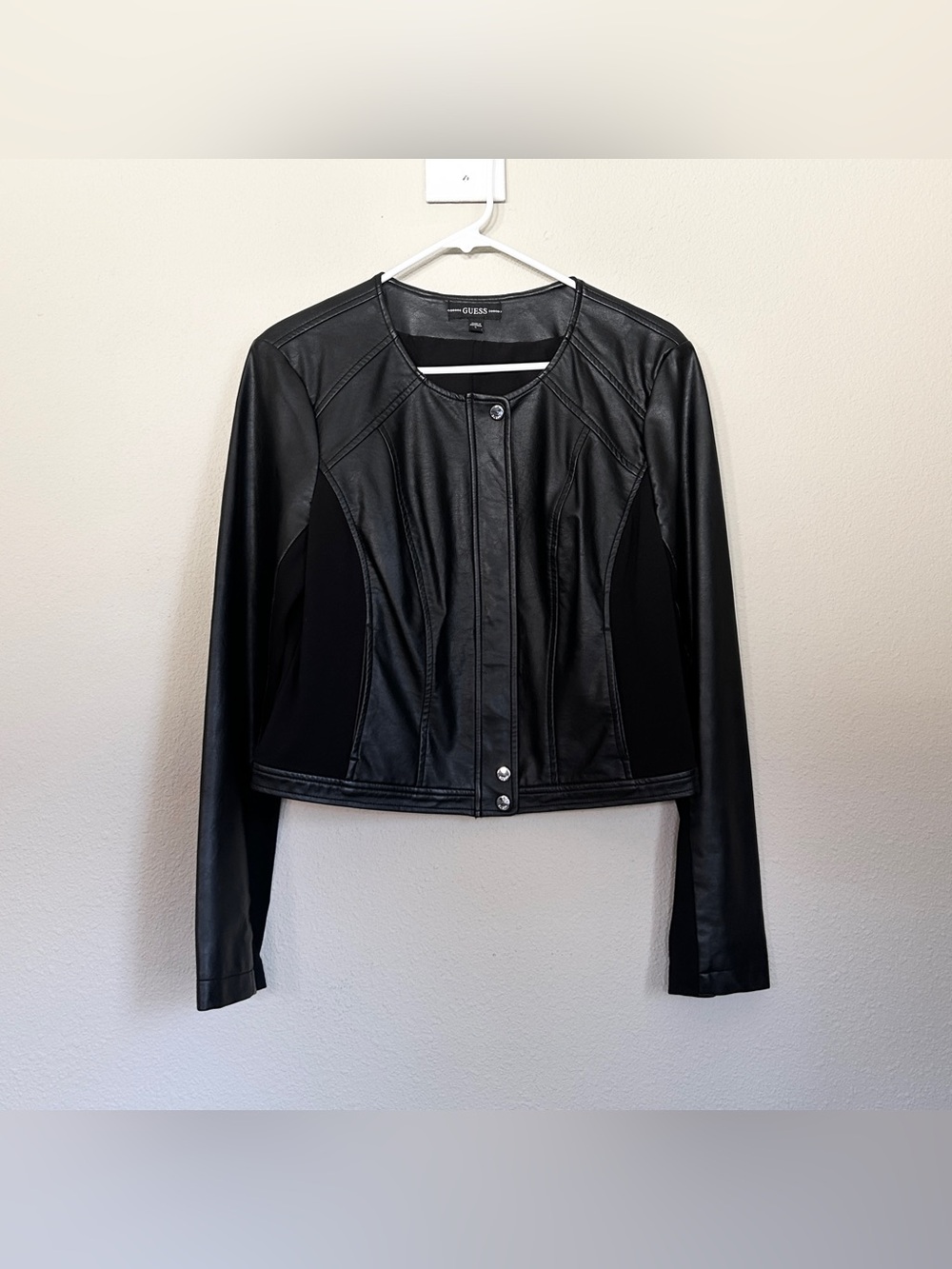 GUESS Black Leather Round-Neck Jacket